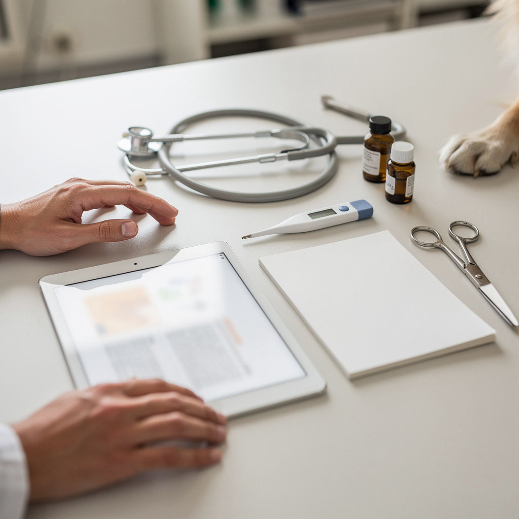 Artemis Animal Clinic veterinarian discussing pet care blog content with a client in Santa Barbara